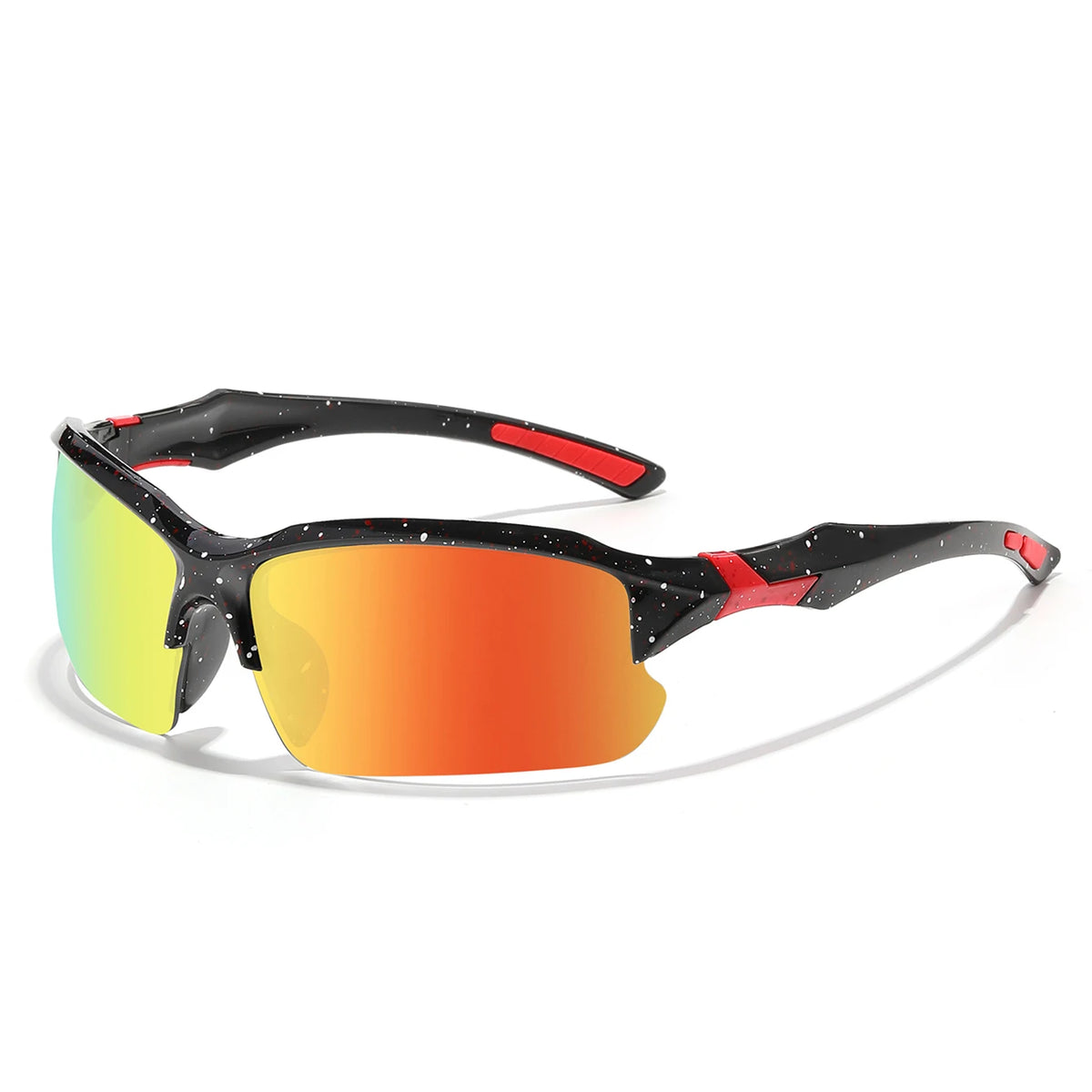 A pair of black sports sunglasses with orange and red accents are shown against a white background.