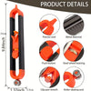 An orange and black contour gauge scribe tool with a pointed end, push button, and roller skating end for woodworking.