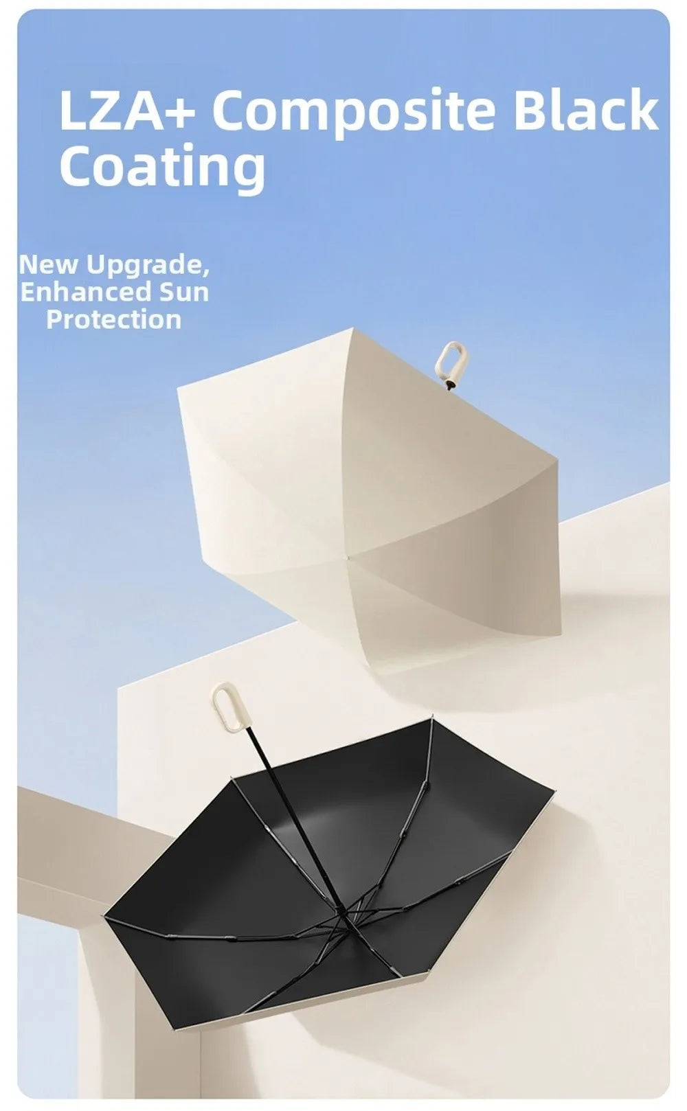 A black composite coating umbrella is shown folded against a white wall, highlighting its sun protection features.