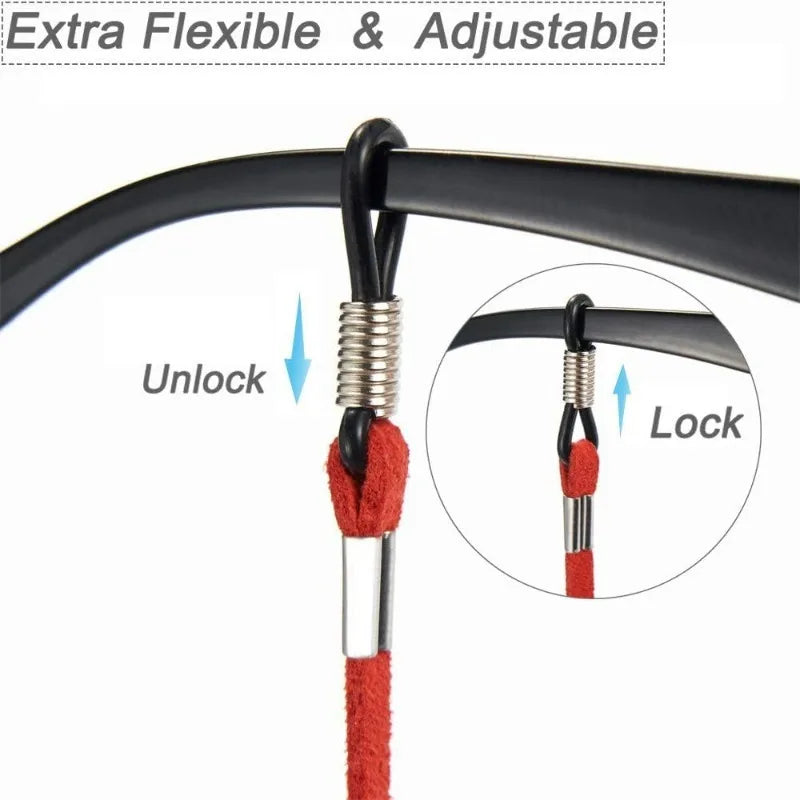 Close-up of an adjustable soft lanyard with a lock and unlock mechanism for securing glasses.
