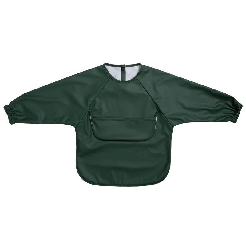 A dark green waterproof long-sleeve art smock for toddlers.