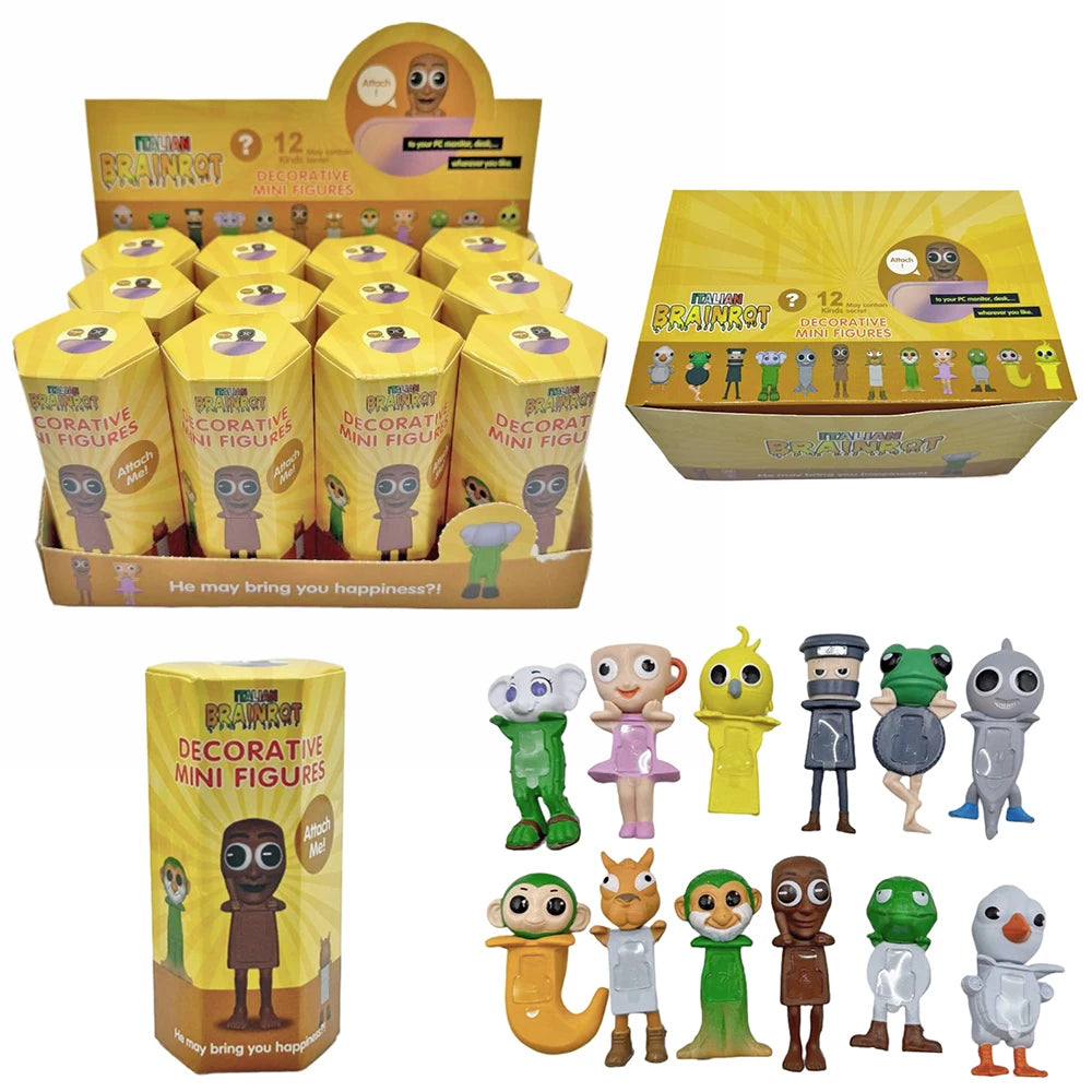 A collection of 12 decorative mini figures in various colors and styles packaged in a cardboard box.