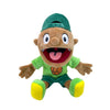 A plush toy of Jeffy from Sesame Street wearing a green outfit and holding a basketball.