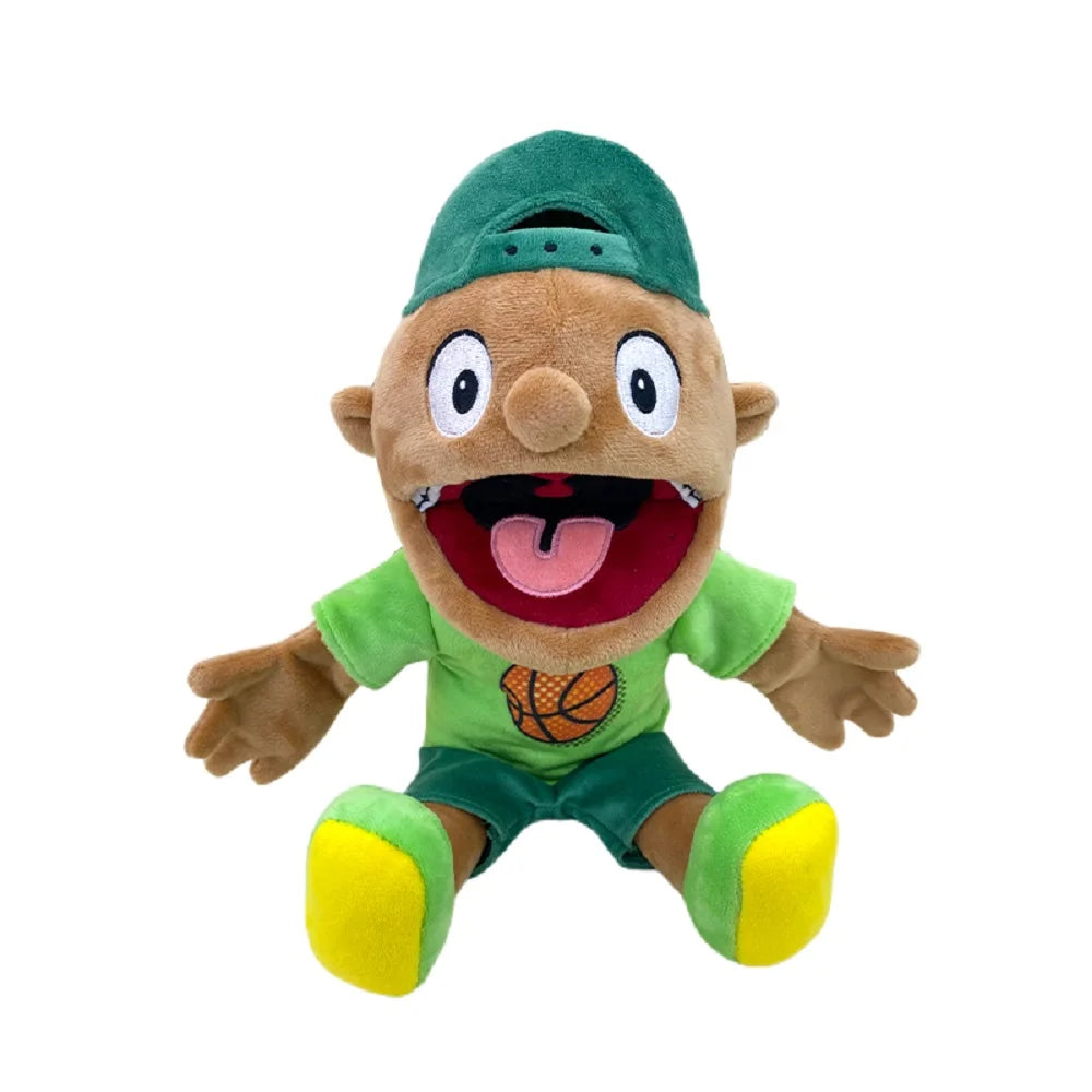 A plush toy of Jeffy from Sesame Street wearing a green outfit and holding a basketball.