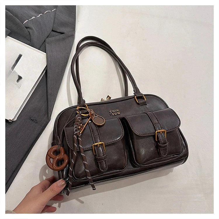 Women's Retro PU Leather Shoulder Bag with Multiple Pockets & Detachable Charm