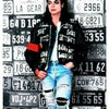 A black and white collage of various license plates and text, likely used as a background for a diamond painting kit.