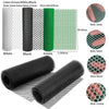Various colors of flexible plastic wire mesh rolls, including white, black, and green, shown with various hole sizes.