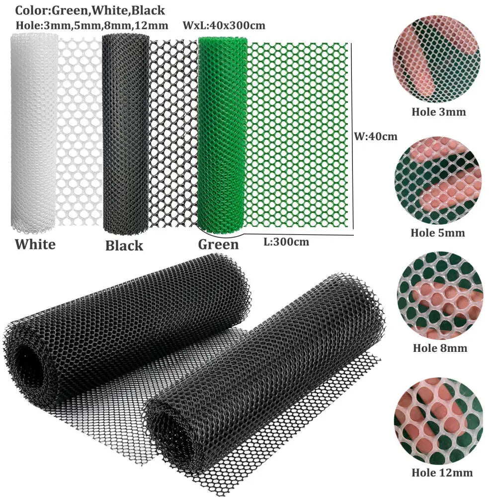 Various colors of flexible plastic wire mesh rolls, including white, black, and green, shown with various hole sizes.