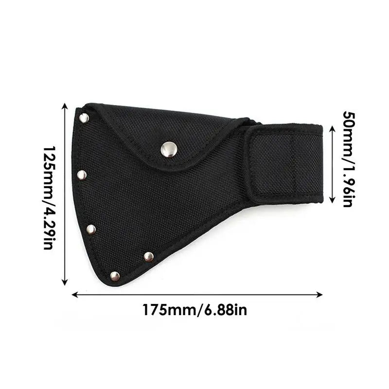 Black durable nylon axe blade cover with a belt loop shown flat