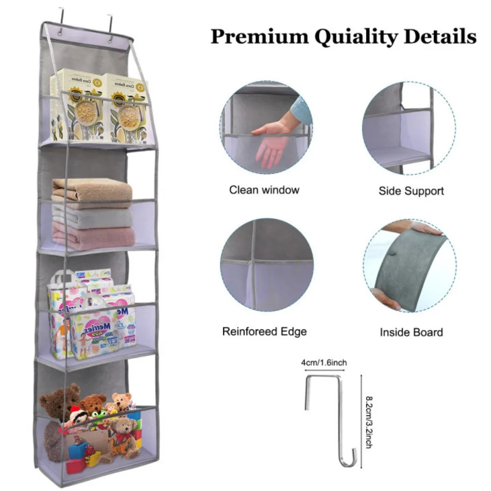 Premium quality details of an over-the-door hanging organizer with clear compartments showing various features like a clean w