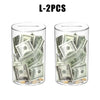 Two clear acrylic piggy banks filled with US currency bills and coins.
