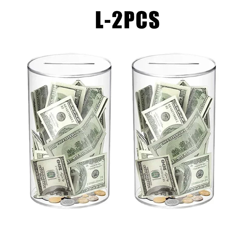 Two clear acrylic piggy banks filled with US currency bills and coins.