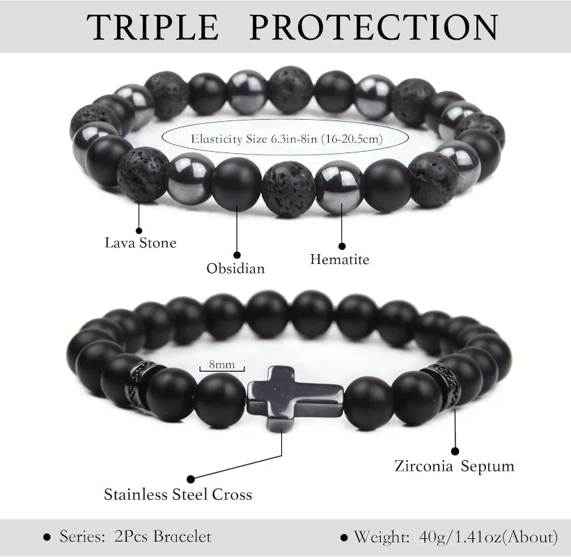 A black gemstone bracelet featuring Lava Stone, Obsidian, and Hematite stones with a Stainless Steel Cross septum.