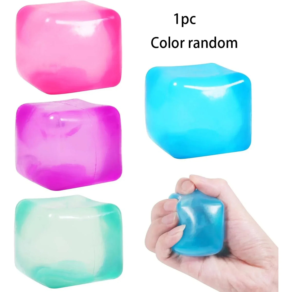 Eine Sammlung farbenfroher, durchscheinender Gel-Eiswürfel und weicher Spielzeuge in verschiedenen Rosa-, Blau- und Grüntönen