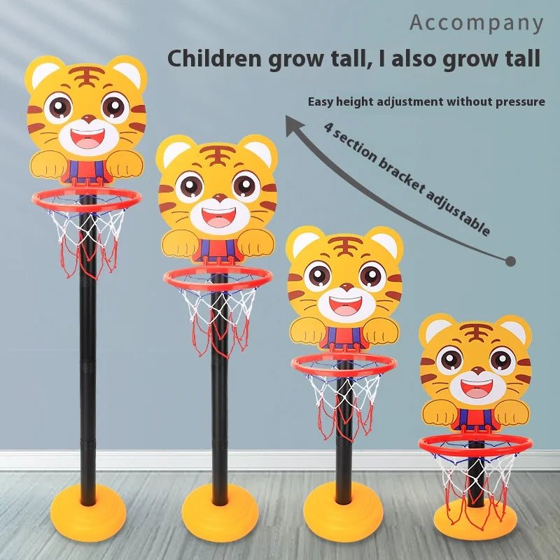 A set of four adjustable kids basketball hoops featuring cartoon tiger designs and red nets on yellow bases.