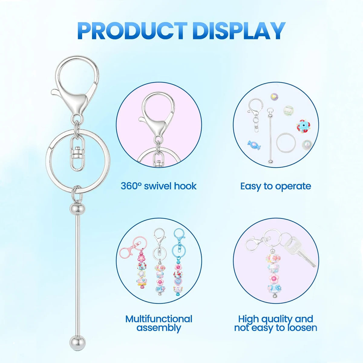 Display of a silver metal beadable keychain bar with various components and assembly options