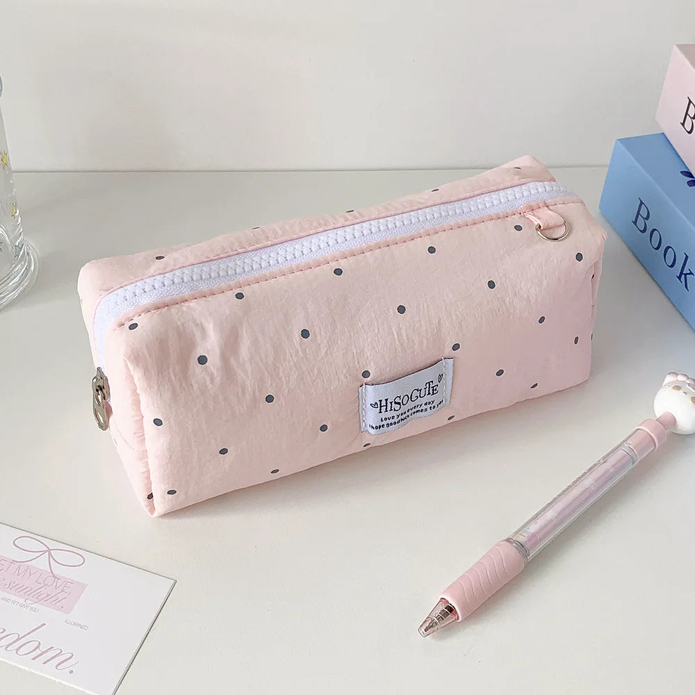 Korean Style Polka Dot Pencil Case – Spacious Storage for Students & Makeup
