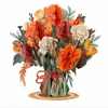 A vibrant bouquet of orange, red, and cream flowers tied with a red ribbon.