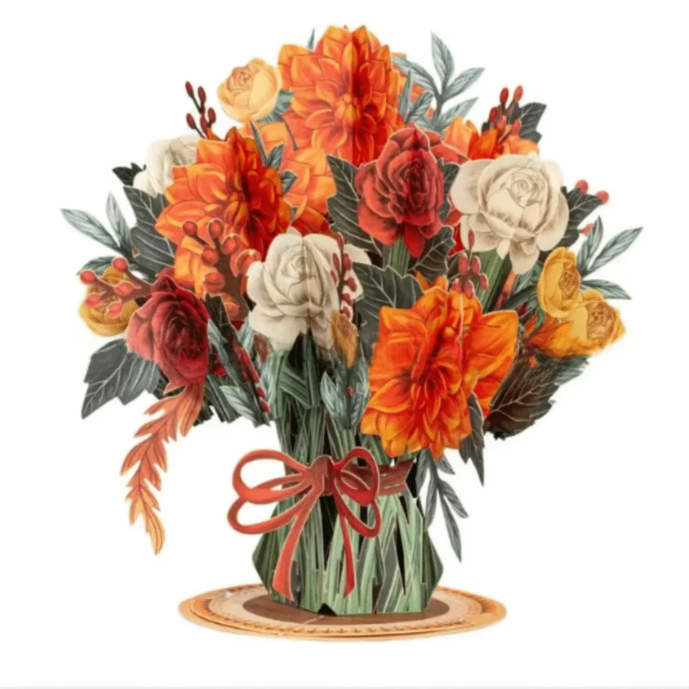 A vibrant bouquet of orange, red, and cream flowers tied with a red ribbon.