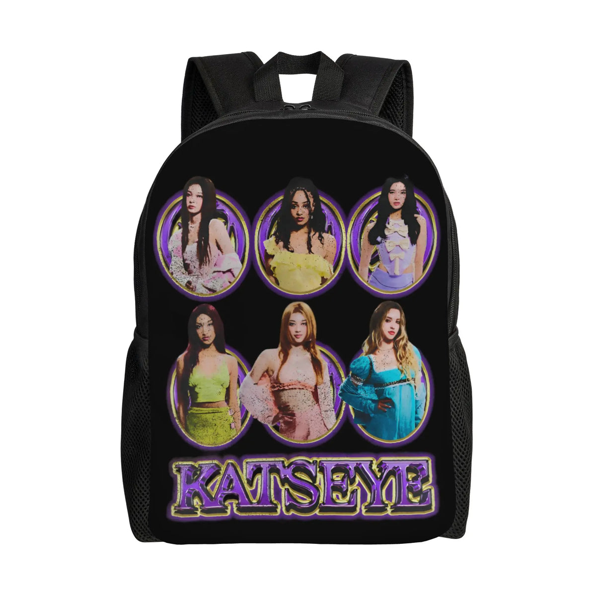 Black canvas daypack backpack featuring nine portraits of the artist Katseye.