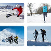 Four images showing people engaging in winter sports like skiing, hiking, and snowboarding in snowy mountain environments.