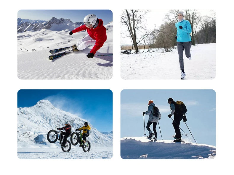 Four images showing people engaging in winter sports like skiing, hiking, and snowboarding in snowy mountain environments.