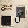 A black adhesive hook with a curved handle is shown against a light background, with dimensions provided.