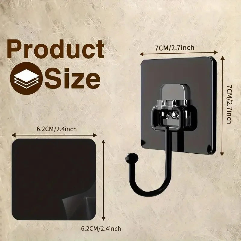 A black adhesive hook with a curved handle is shown against a light background, with dimensions provided.