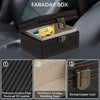A black leather Faraday box with a copper lock, showing the interior features of premium carbon fiber textured PU leather and