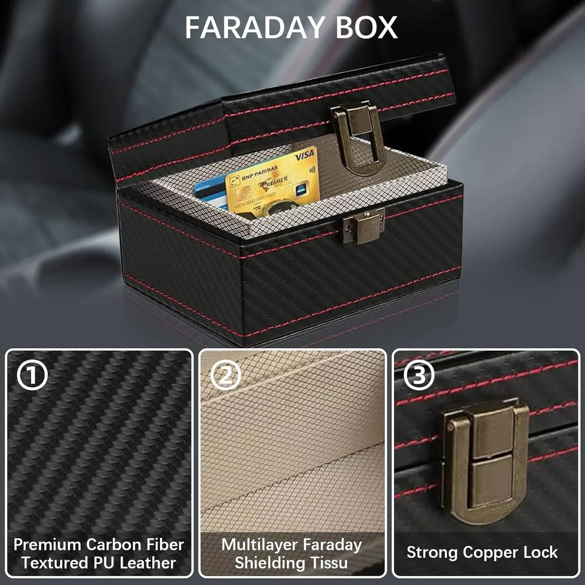 A black leather Faraday box with a copper lock, showing the interior features of premium carbon fiber textured PU leather and
