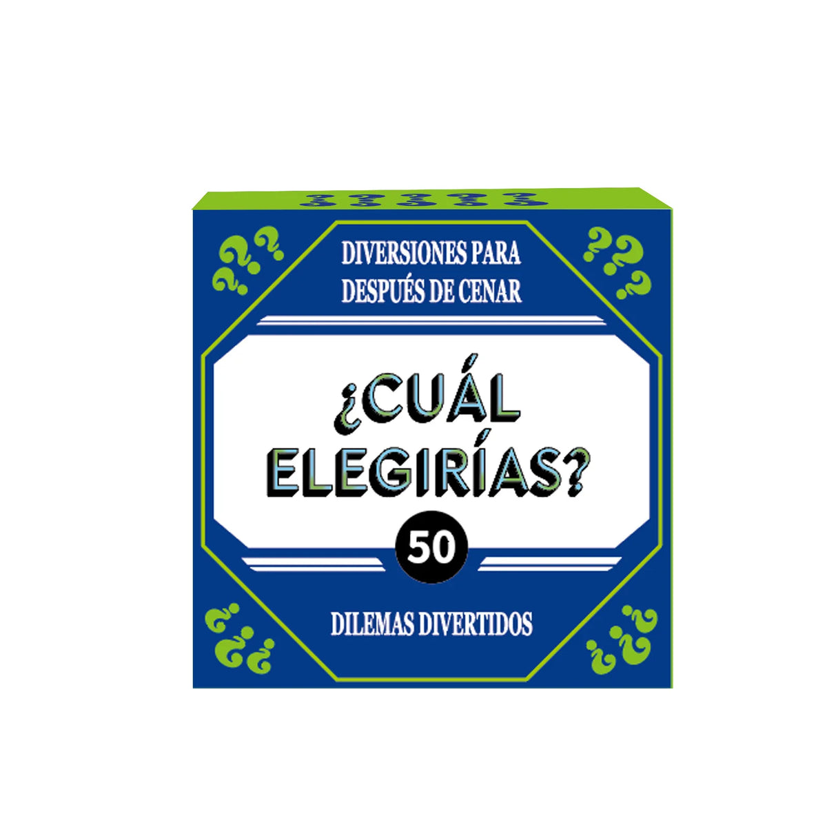 A box for a card game titled ¿CUÁL ELEGIRÍAS? DIVERSIÓNES PARA DESPUÉS DE CENAR.