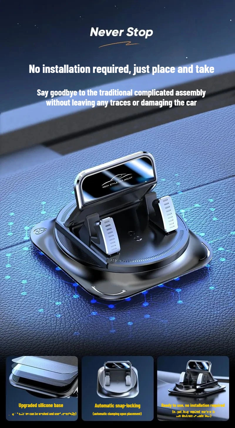 A black anti-slip dashboard phone mount with a silicone base and automatic snap-locking mechanism shown on a dark surface.