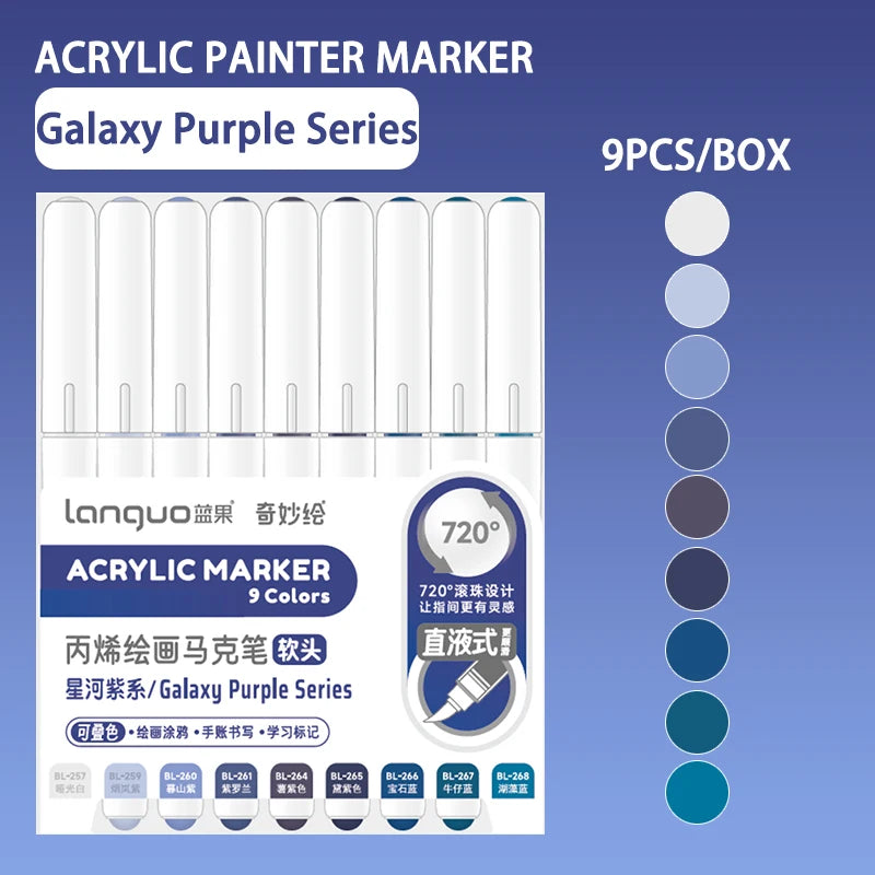 Acrylic painter marker set with 9 colors in the Galaxy Purple Series featuring fine and flexible tips