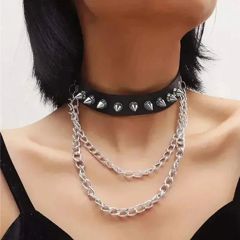 Silver chain necklace with black spike studs and links