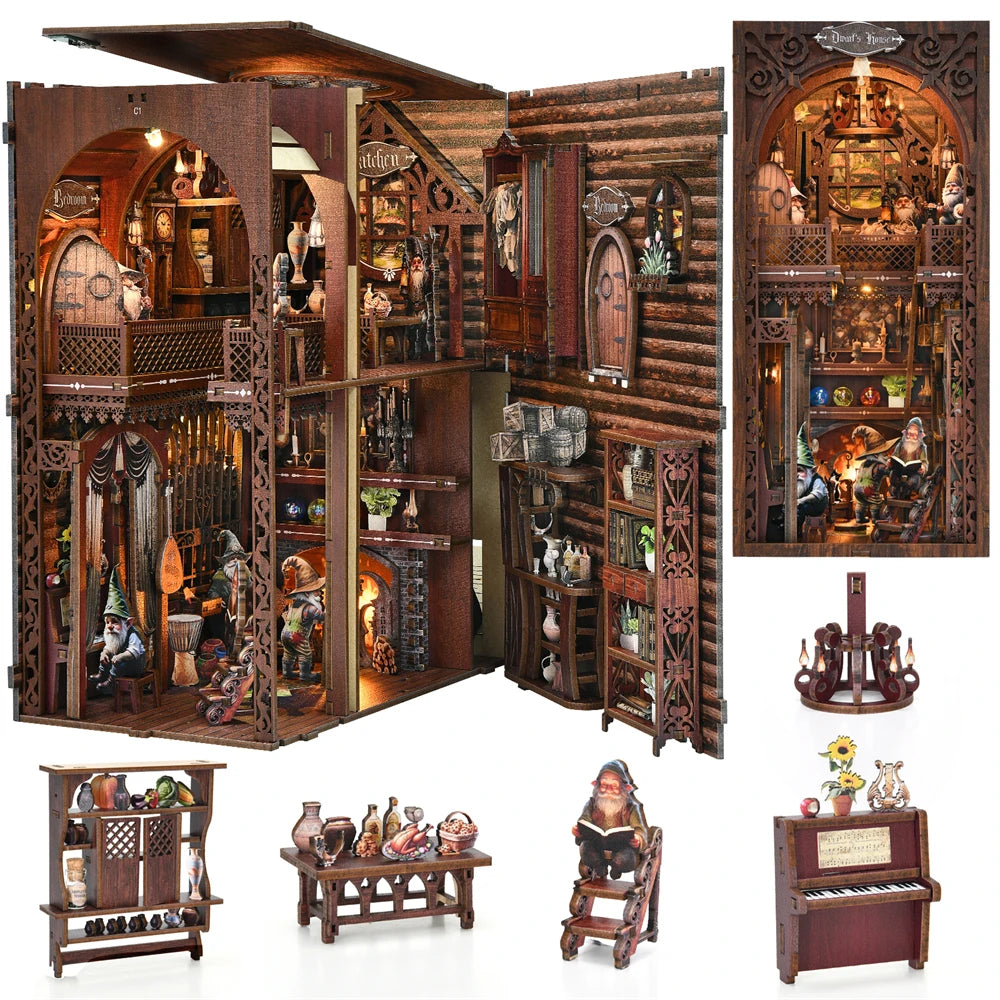 A wooden bookstore diorama kit featuring an owl theme with built-in shelving and LED lighting.