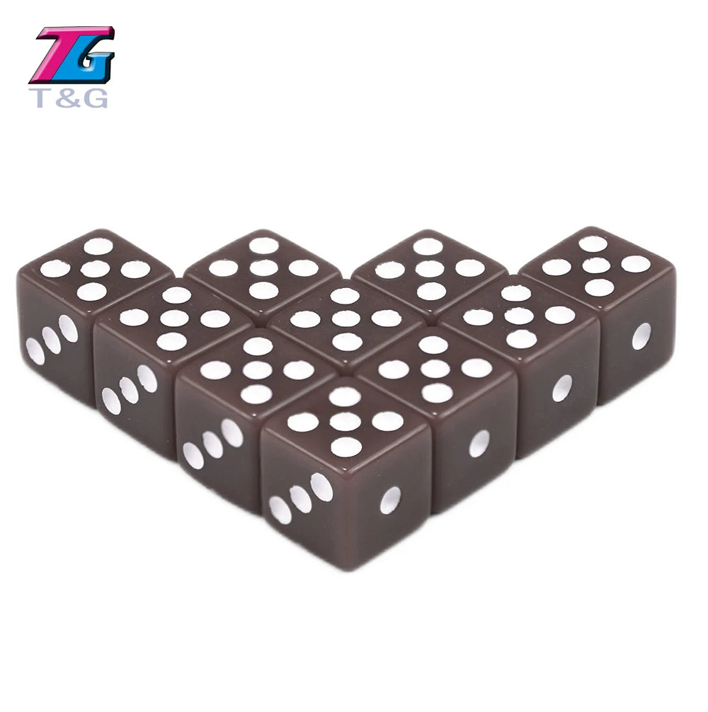 A set of ten 12mm plastic game dice in a dark brown color arranged in a heart shape.