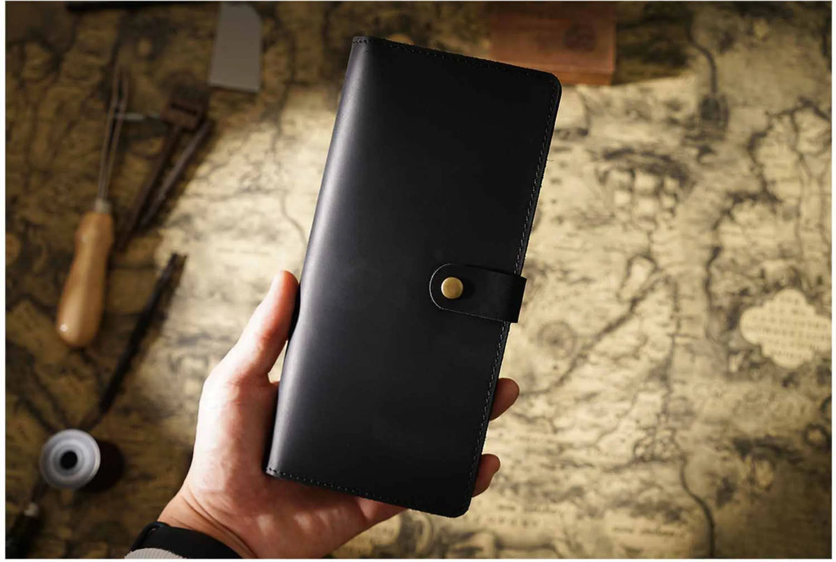 Vintage Leather Long Bifold Wallet with Snap Closure