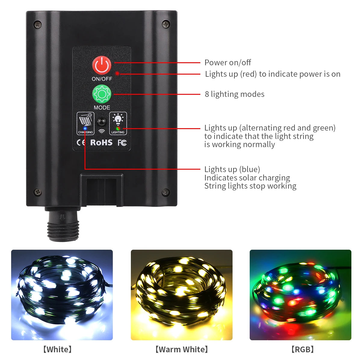 Boîte de contrôle noire pour guirlandes LED solaires avec marche/arrêt et 8 modes lumineux, à côté d'un blanc chaud