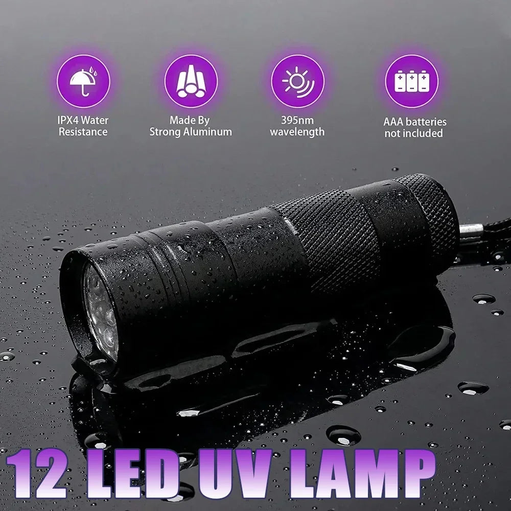 A black LED UV lamp is shown with icons detailing its features like IPX4 water resistance and strong aluminum construction.