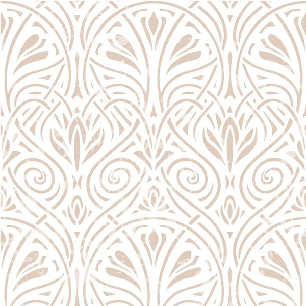 Seamless geometric pattern in beige and white tones featuring stylized leaf and scroll motifs.