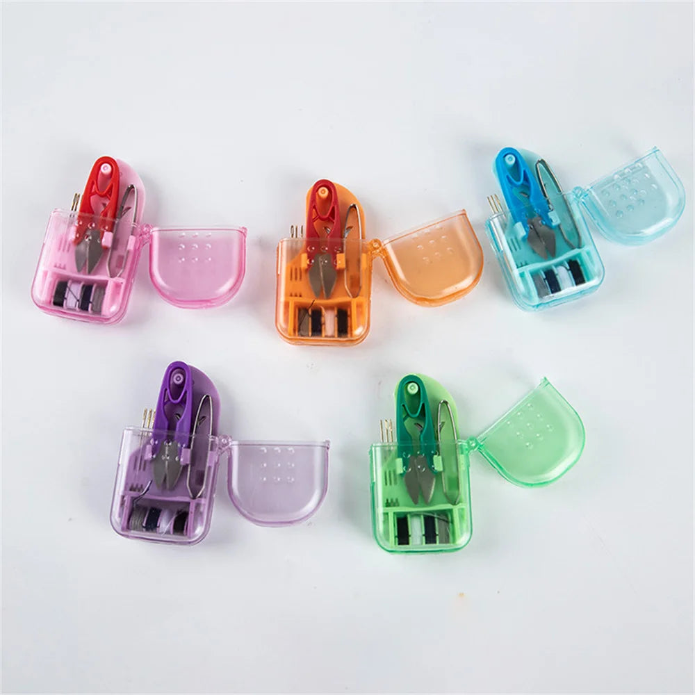 A collection of colorful compact portable sewing kits in various storage cases and colors.
