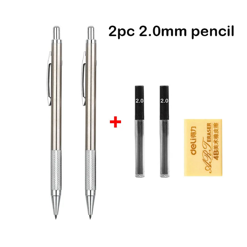 A set of two 2.0mm metal mechanical pencils with a plus sign and product details.