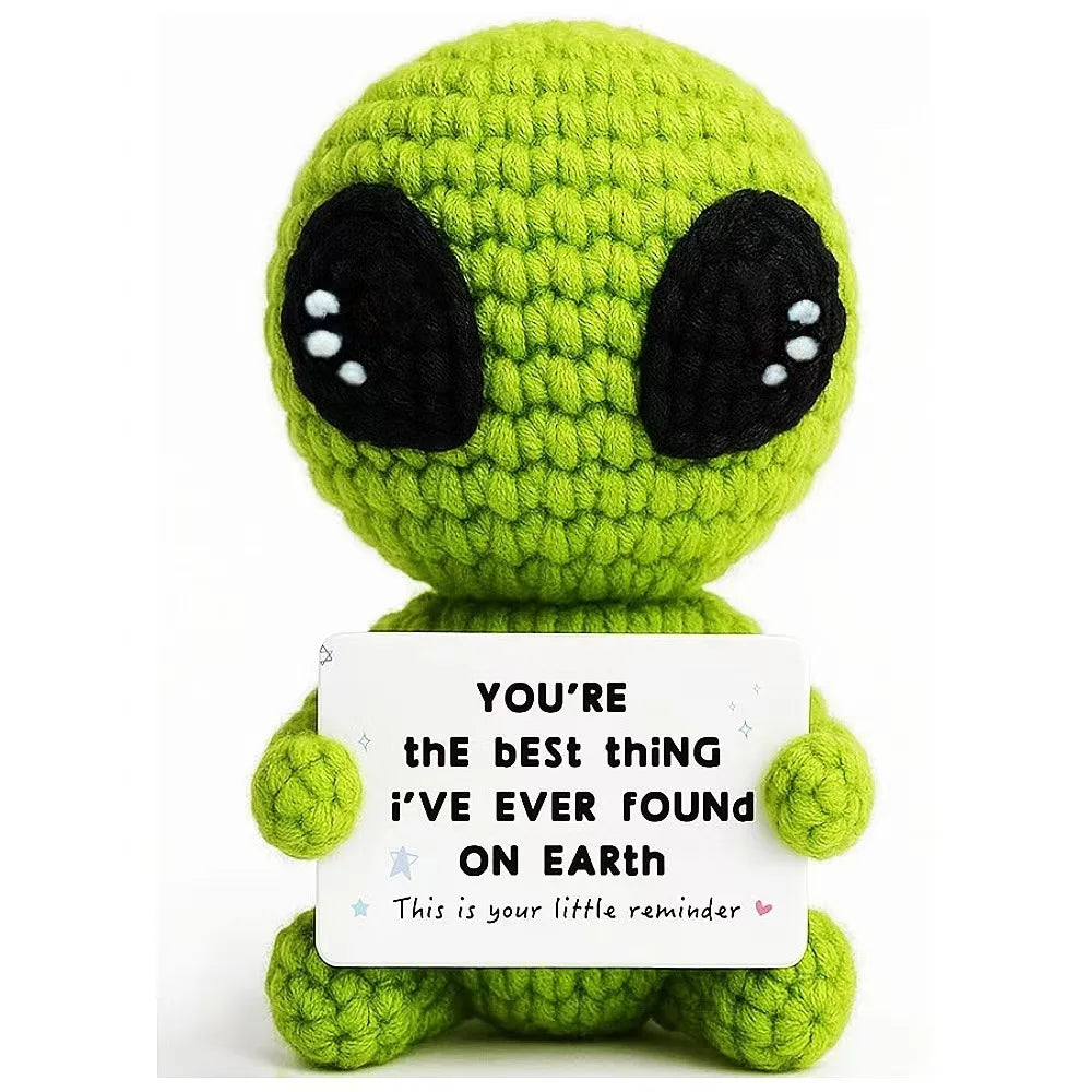 Handmade crochet green hedgehog doll with an inspirational card