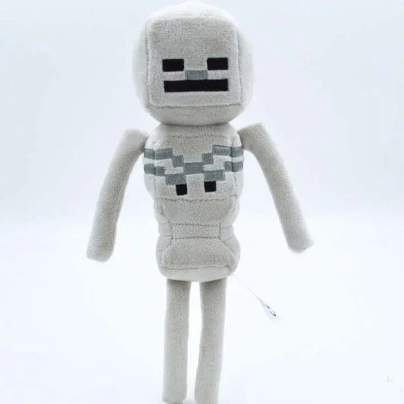 A soft plush doll resembling the Minecraft character Steve with a gray body and black facial features.