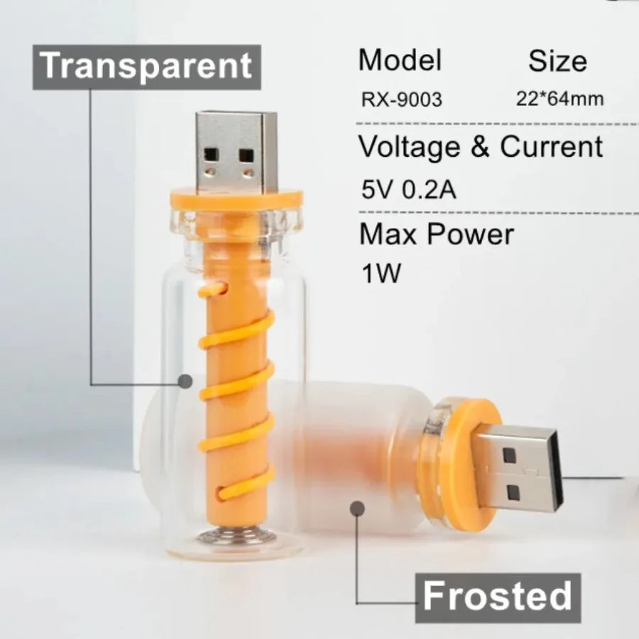 Transparent and frosted glass USB LED night light with an orange connector and housing