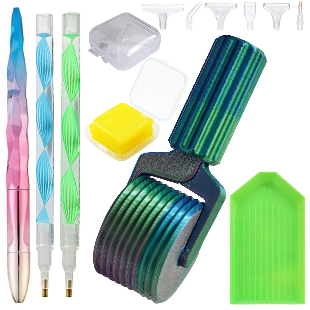 A set of detachable diamond painting roller tools including various sizes and a green roller tool.