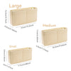 Three sizes of a beige felt purse organizer insert with zippers shown side by side: Large, Medium, and Small.