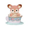 A cute, fluffy fox character from Sylvanian Families tea party babies blind bag collectible figures.