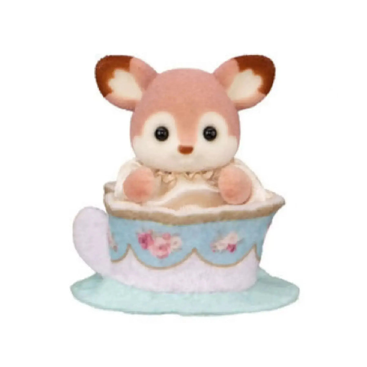 A cute, fluffy fox character from Sylvanian Families tea party babies blind bag collectible figures.
