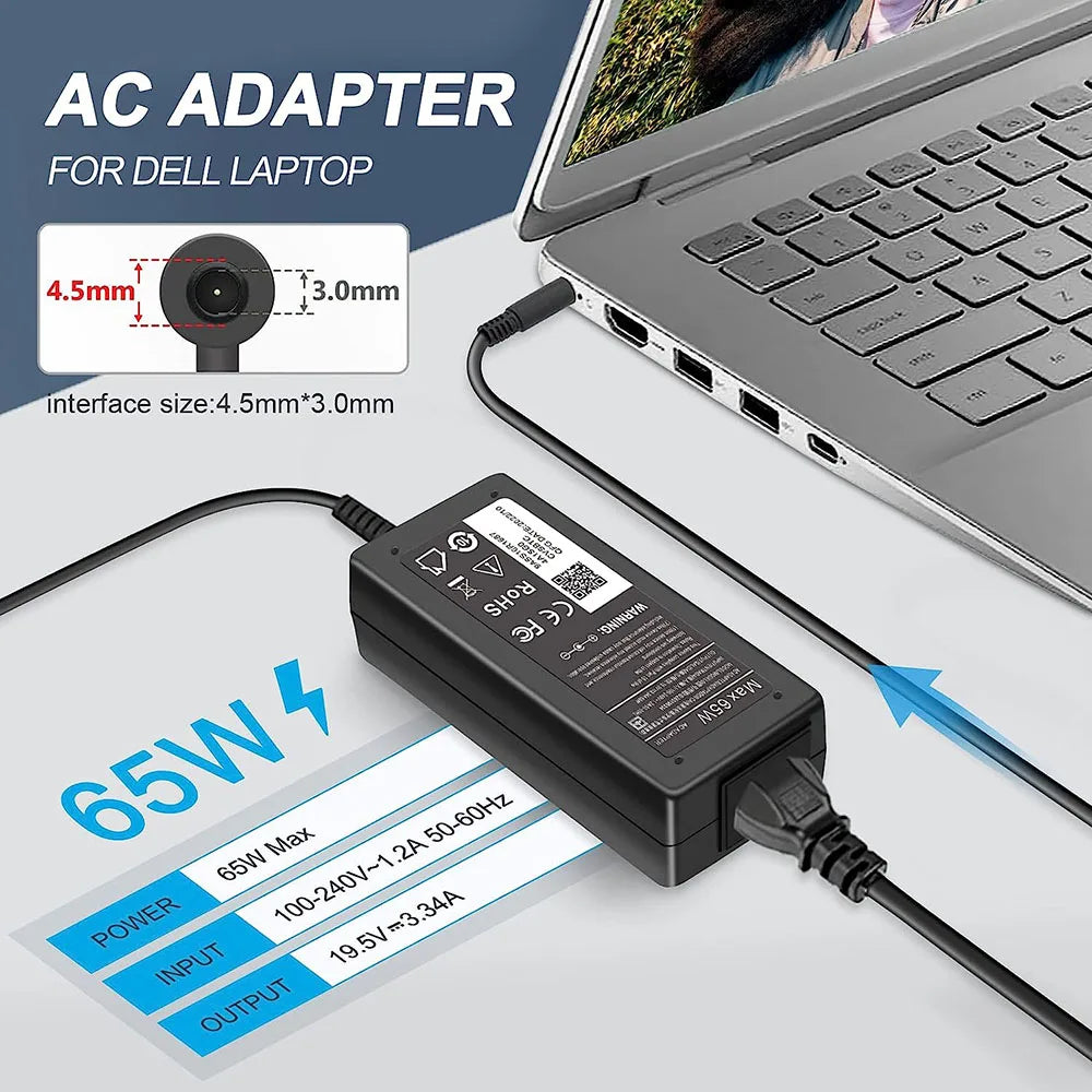 65W Dell Laptop Charger with Interchangeable Tips